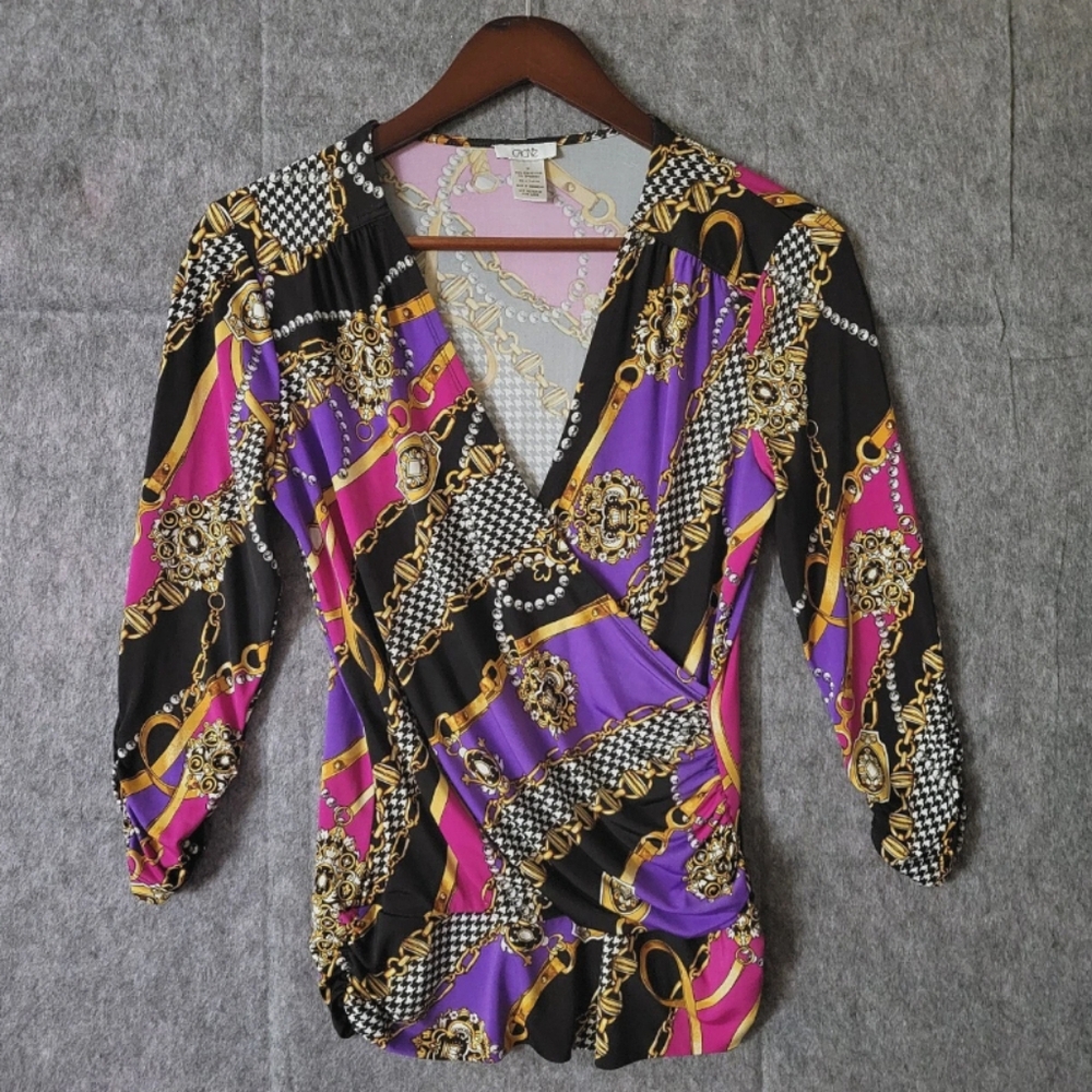 Cache Pink and Purple Graphic Wrap Blouse Size M